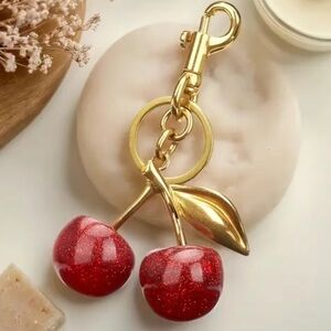 Gold and Red Cherry Bag Charm Keychain